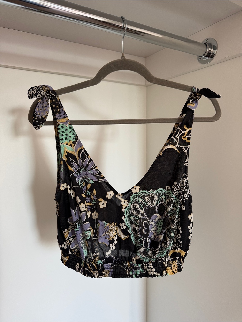 Free People Black Floral Shoulder-tie Cropped Tank